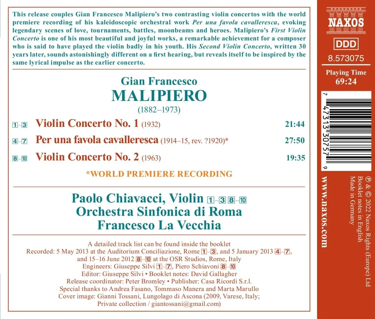 Malipiero: Violin Concertos [Paolo Chiavacci; Orchestra Sinfonica di Roma; Francesco La Vecchia] [Naxos: 8573075] [Audio CD]