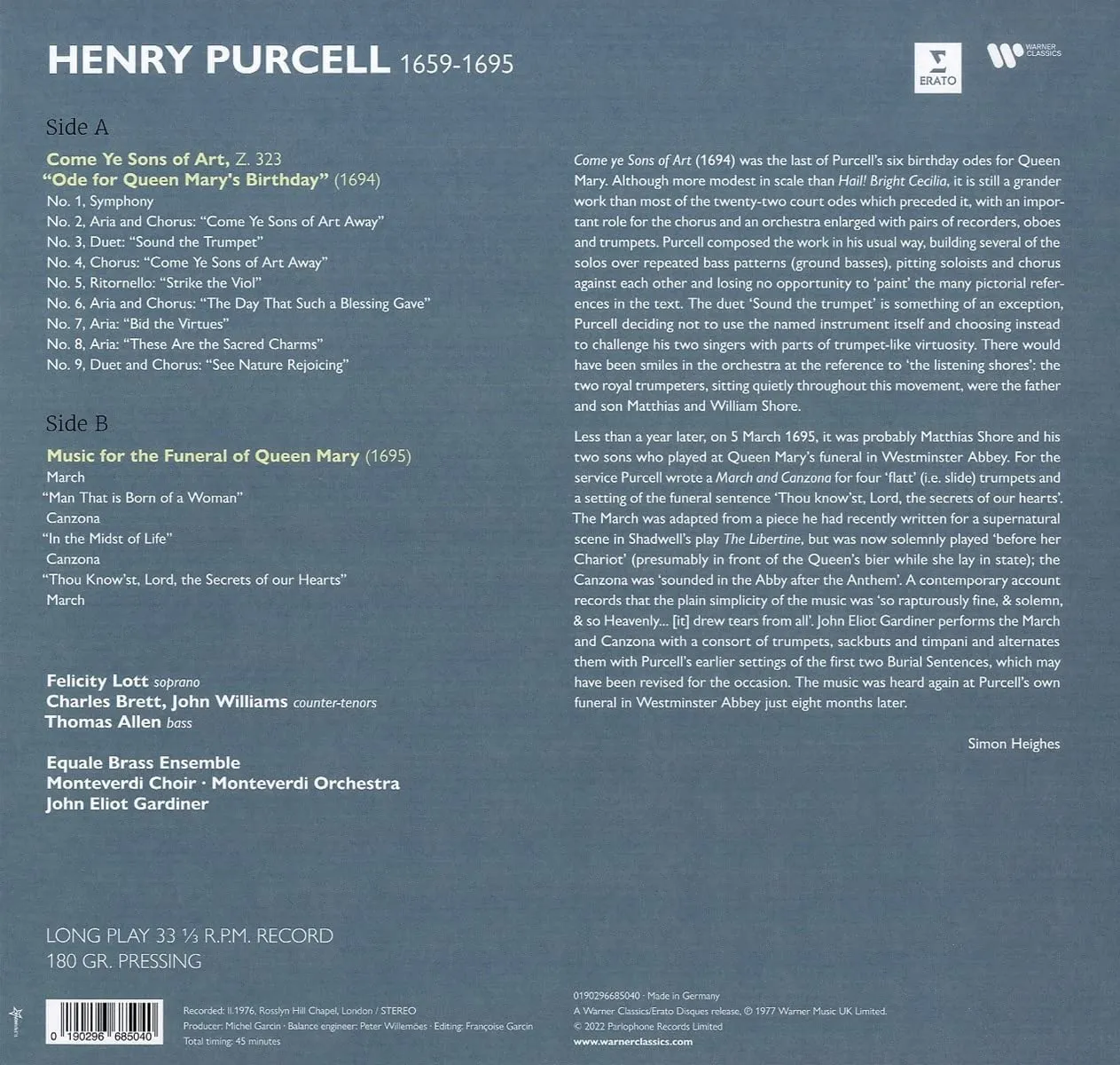 Purcell: Music for Queen Mary, Come ye Sons of Art [VINYL]