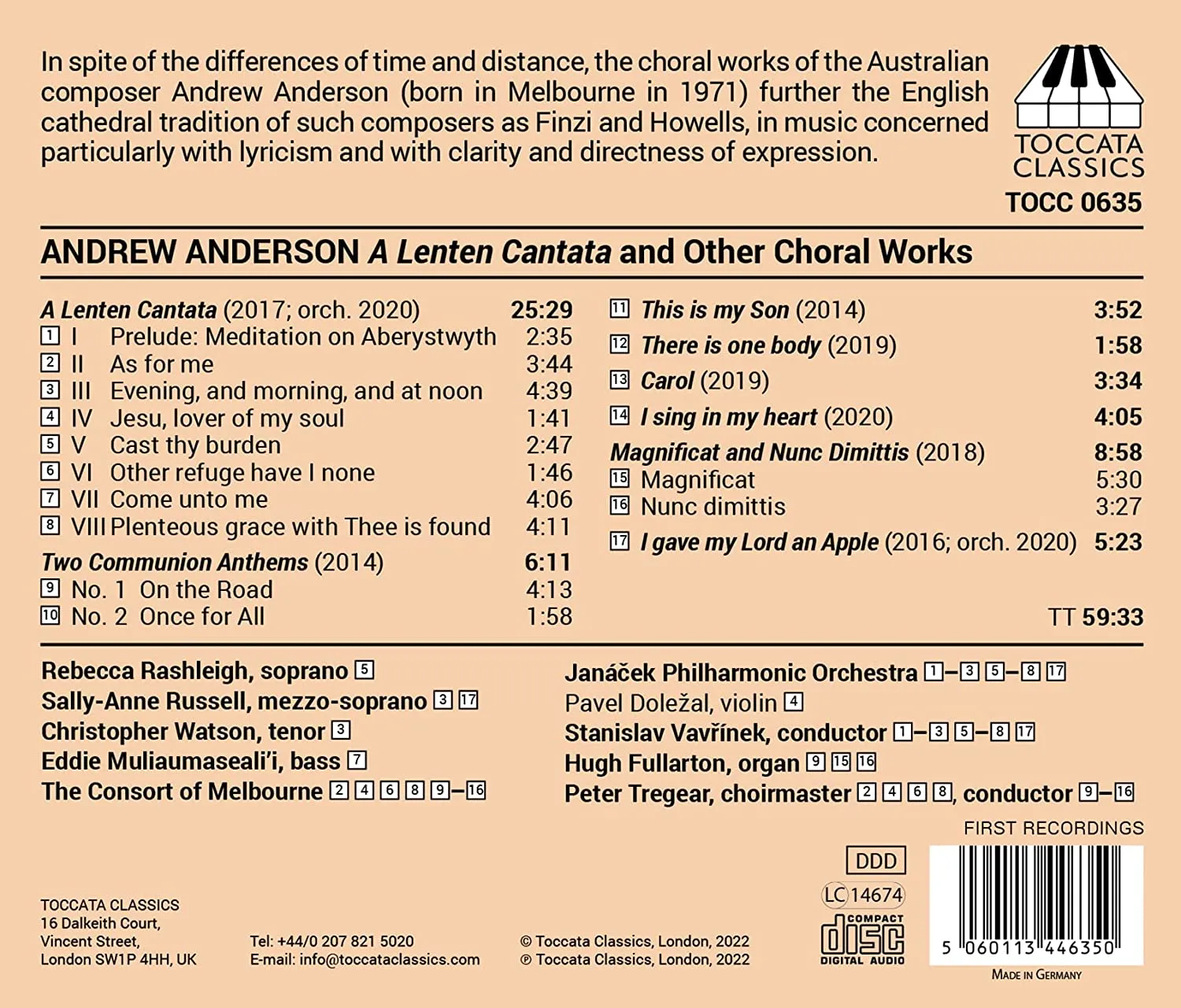 Rebecca Rashleigh - Anderson: A Lenten Cantata and other Choral Works [Various] [Toccata Classics: T [Audio CD]