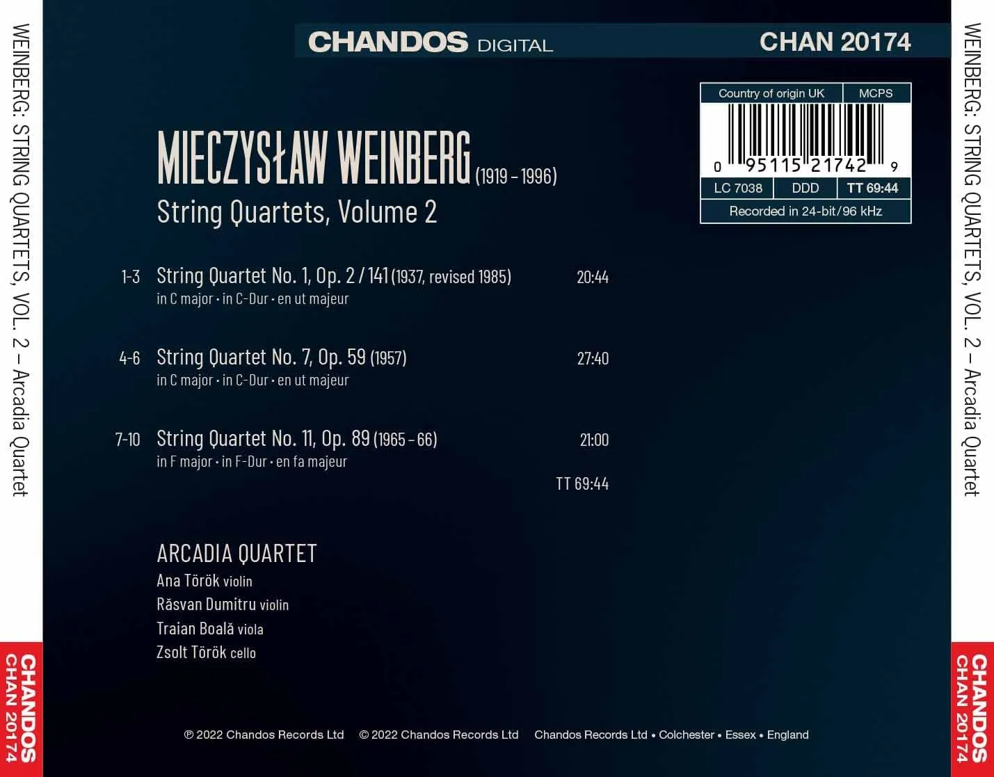 Weinberg: String Quartets 2 [Arcadia Quartet] [Chandos: CHAN 20174] [Audio CD]